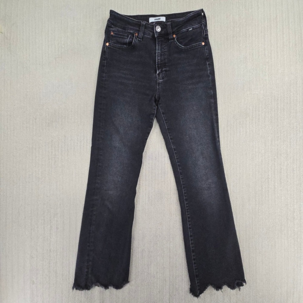 Mavi Anika Jeans Womens 24 Black Cropped Flare High Rise Raw Scallop Hem Denim